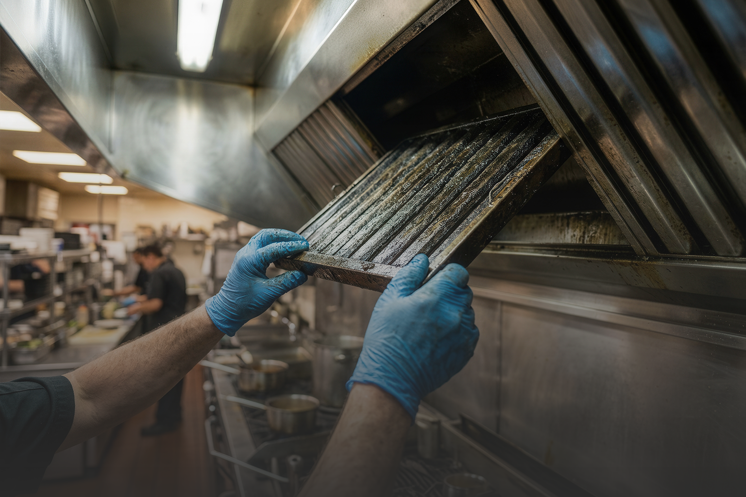 Commercial kitchen grease filter being cleaned during year-end maintenance in Gauteng