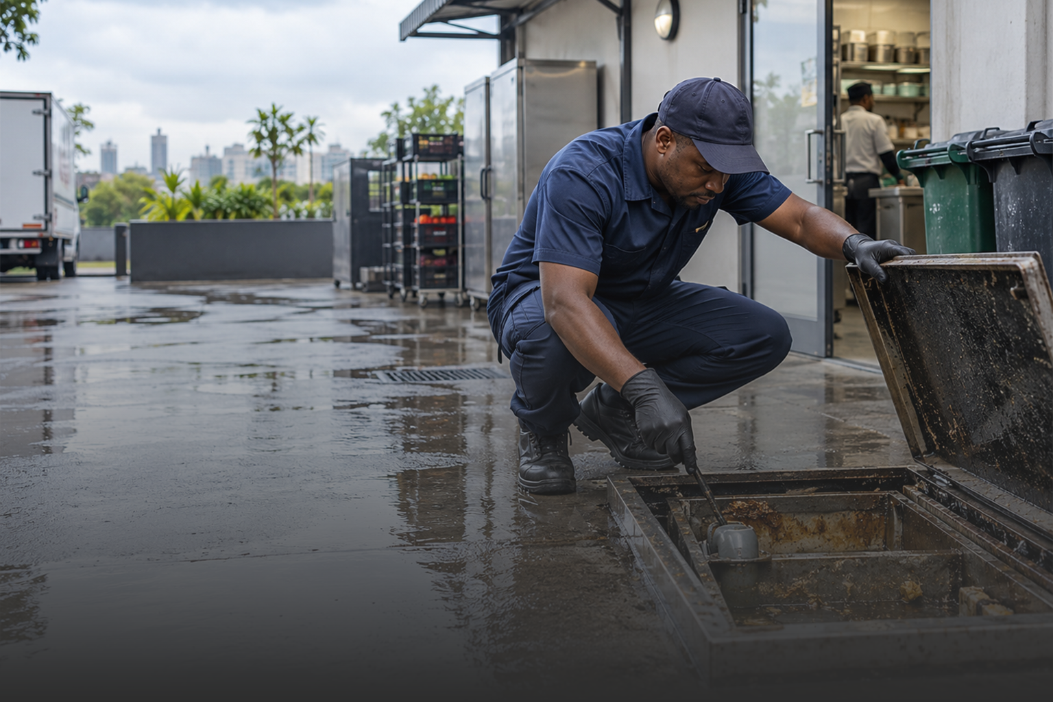 Grease trap cleaning technician inspecting a commercial grease trap in Gauteng before the summer rain season