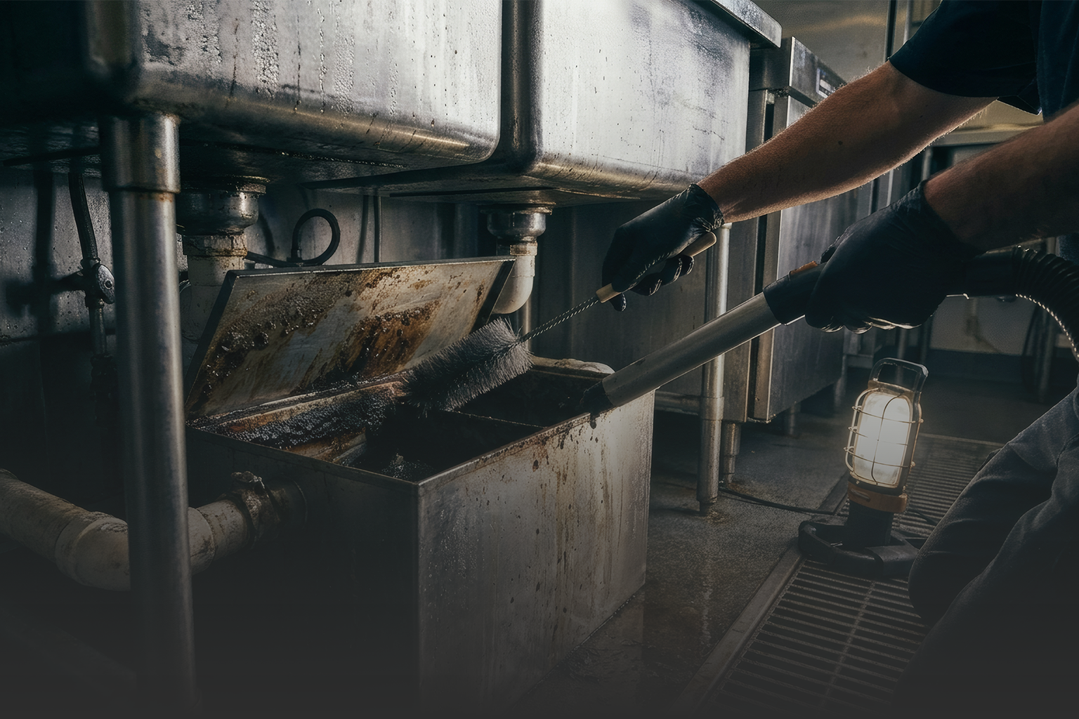 Technician cleaning a commercial grease trap under kitchen sinks